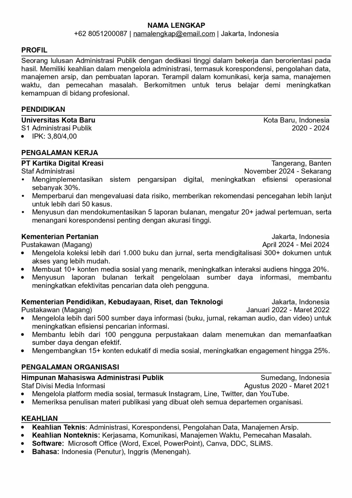 CV Kreatif ATS Tanpa Foto